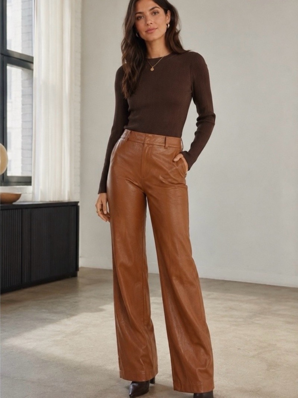 Aritzia Babaton Command Faux Leather Pants in Cognac